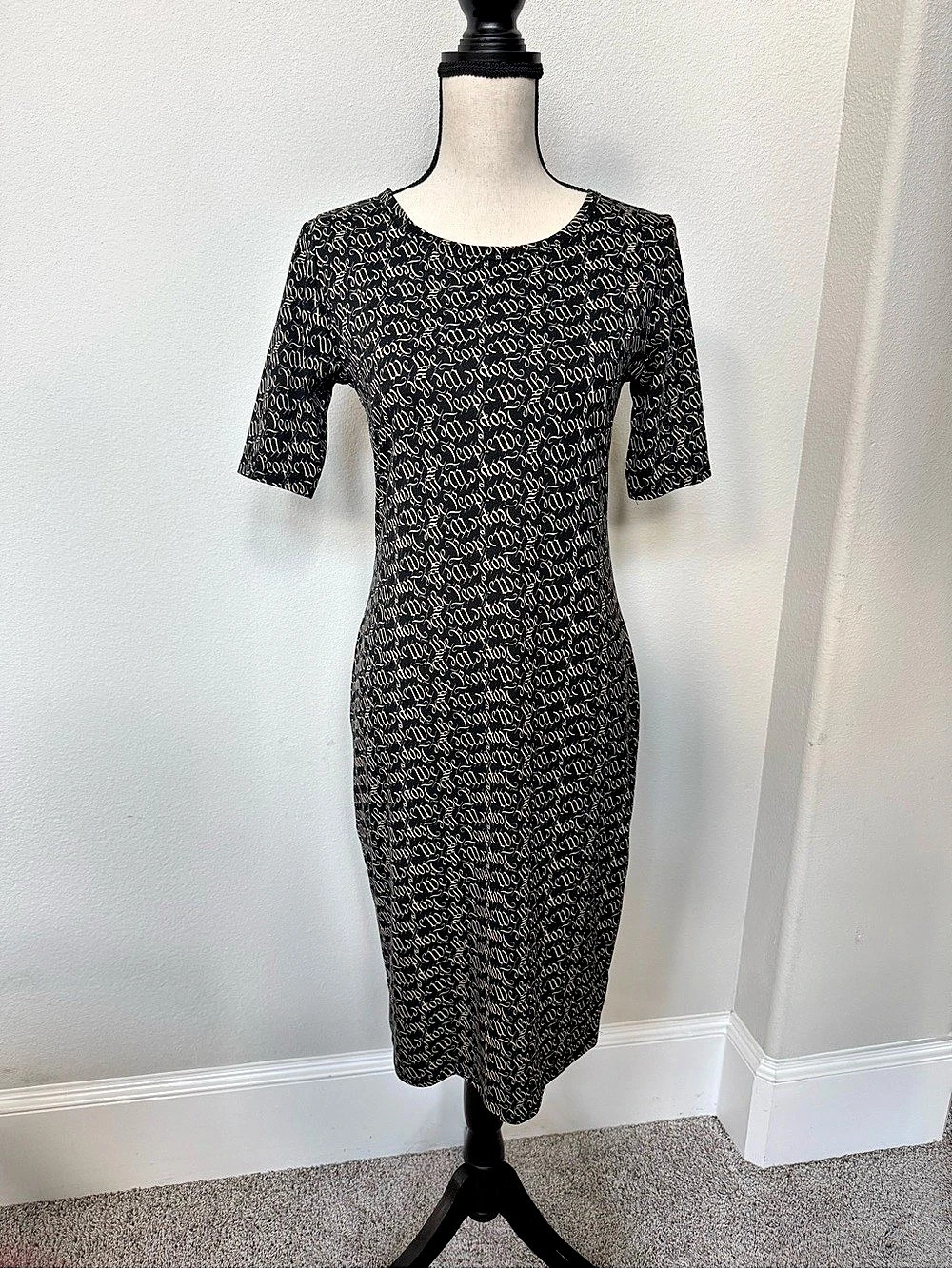 LuLaRoe Navy Pencil Midi Dress with “We The People” Text Print